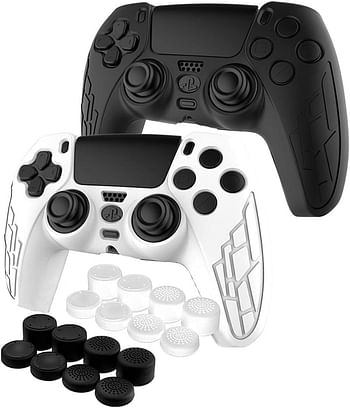 NALANDA 2PC PS5 Controller Skins Anti-Slip Dustproof Silicone Controller Protector Case for PS5 Playstation Controller with 16 Thumb Grips (Black + White)