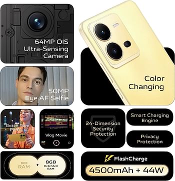 vivo V25 5G (Sunrise Gold, 8GB RAM, 128GB) 50MP AF Selfie Camera | Color Changing Design | 44W Charging | 90Hz 3D Curved AMOLED Display | Powerful MediaTek 900 Processor