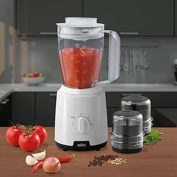 Braun PowerBlend1 Jug Blender JB 1023 WH, 600 Watts, 1.2L Capacity with Chopper and Grinder Included - White