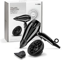 Babyliss Hair Dryer AC Italian Salon Motor, 2400W 2 Nozzles Ionic Technology, Made in Italy, Black, Small Travel Portable Dryers with Diffuser 6715DSDE
