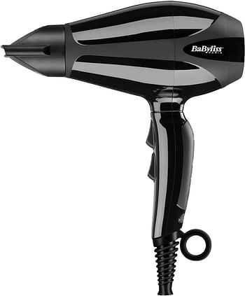 Babyliss Hair Dryer AC Italian Salon Motor, 2400W 2 Nozzles Ionic Technology, Made in Italy, Black, Small Travel Portable Dryers with Diffuser 6715DSDE