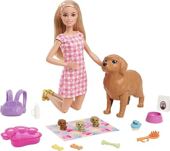 Barbie Doll and Newborn Pups Playset with Dog, 3 Puppies & Accessories, to 7 Year Olds