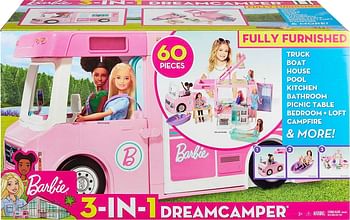​Barbie 3-In-1 Dreamcamper Vehicle, Approx. 3-Ft, Transforming Camper With Pool, Truck, Boat And 50 Accessories, Makes A Great Gift For 3 To 7 Year Olds