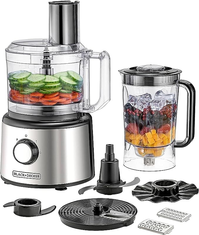 BLACK+DECKER Multifunction Food Processor, 750W, 2L Capacity, 25 Functions, 2.3L Gross/1.5L AS Blender Jar. 2 Speed Control For Chopping, Slicing, Kneading & Whisking,  FX760SB-B5