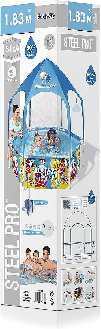 Bestway Steel Pro UV Careful Splash In Shade Play Pool 183x51cm, Multicolor, 5618T, 6' x 20"/1.83m x 51cm