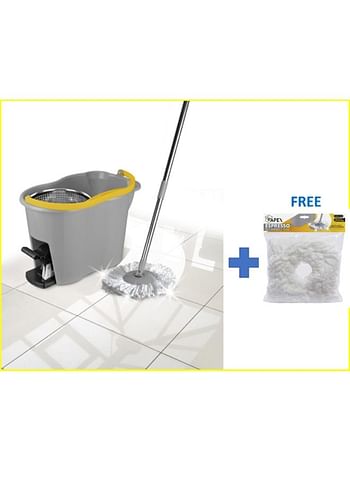 APEX Foot Pedal Spin Mop With Bucket Stainless Steel Wringer Set And Free Microfibrer Refill White 40cm