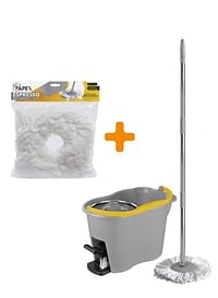 APEX Foot Pedal Spin Mop With Bucket Stainless Steel Wringer Set And Free Microfibrer Refill White 40cm
