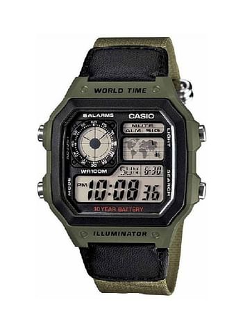 ساعة رجالية رقمية للشباب AE-1200WHB-3B - 39 ملم - أخضر / أسود