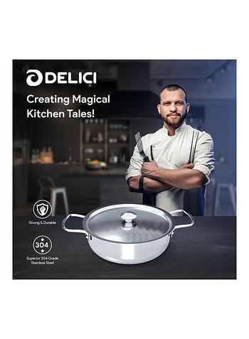 DELICI Stainless Steel Kadai Pan With Lid Silver 22cm