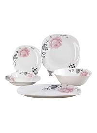 27-Piece Floral Printed Dinner Set White/Pink/Black 6xSquare Plate 11, 6xSquare Plate 8, 6xSquare Deep Plate 9, 6xWave Square Bowl 6, 2xSquare Oval Plate 13, 1xSpinning Square Bowl 9.5inch