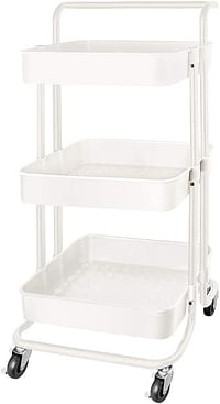 3 Tier Rolling Storage Cart with Wheels Handle, Heavy Duty Mobile Utility Multifunction Large Shelves Organizer Mesh Basket for Kitchen, Bathroom, Bedroom, Office, White