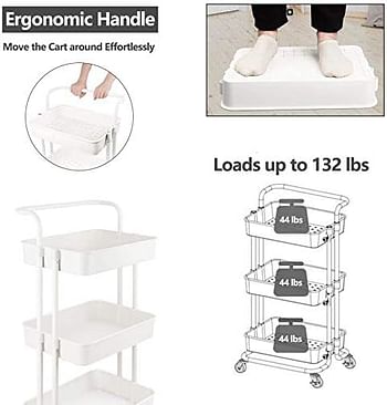 3 Tier Rolling Storage Cart with Wheels Handle, Heavy Duty Mobile Utility Multifunction Large Shelves Organizer Mesh Basket for Kitchen, Bathroom, Bedroom, Office, White