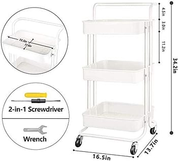 3 Tier Rolling Storage Cart with Wheels Handle, Heavy Duty Mobile Utility Multifunction Large Shelves Organizer Mesh Basket for Kitchen, Bathroom, Bedroom, Office, White