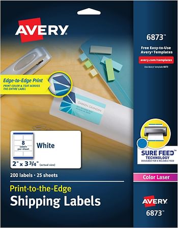 Avery Shipping Labels With Sure Feed, Print-To-The-Edge, 2" X 3-3/4", 200 White (6873)