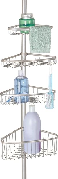Idesign York Metal Wire Tension Rod Corner Shower Caddy, Pole, And Baskets For Shampoo, Conditioner, Soap, AdjUStable 5'-9' Height, Satin Silver