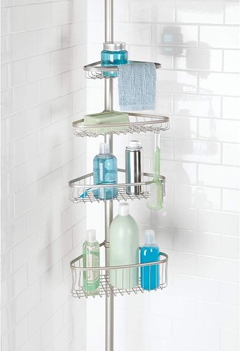 Idesign York Metal Wire Tension Rod Corner Shower Caddy, Pole, And Baskets For Shampoo, Conditioner, Soap, AdjUStable 5'-9' Height, Satin Silver