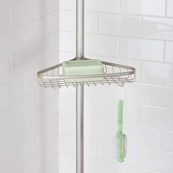 Idesign York Metal Wire Tension Rod Corner Shower Caddy, Pole, And Baskets For Shampoo, Conditioner, Soap, AdjUStable 5'-9' Height, Satin Silver