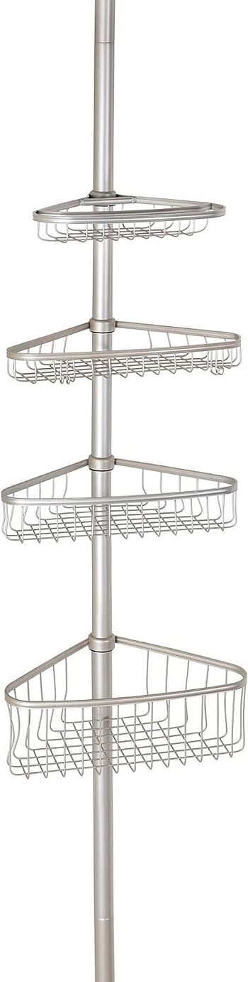 Idesign York Metal Wire Tension Rod Corner Shower Caddy, Pole, And Baskets For Shampoo, Conditioner, Soap, AdjUStable 5'-9' Height, Satin Silver