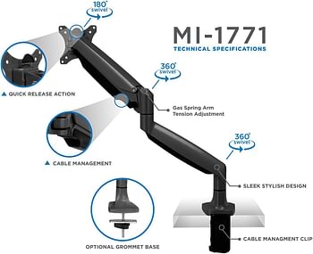 Mount-It! Single Monitor Arm Desk Mount Gas Spring Monitor Arm Full Motion Articulating Height Adjustable Fits 21 22 23 24 27 30 32 Inch VESA Compatible Computer Screen Clamp and Grommet Base