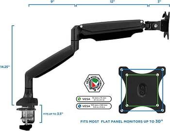 Mount-It! Single Monitor Arm Desk Mount Gas Spring Monitor Arm Full Motion Articulating Height Adjustable Fits 21 22 23 24 27 30 32 Inch VESA Compatible Computer Screen Clamp and Grommet Base