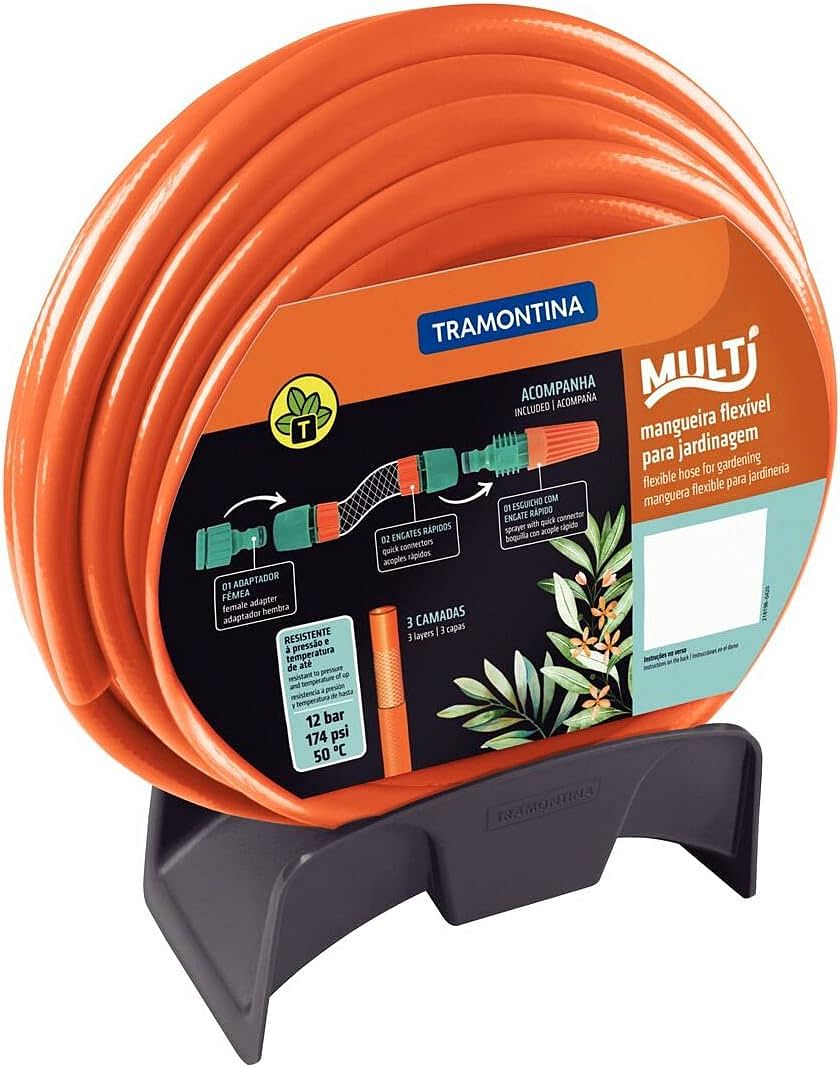 Tramontina Super Flex 1/2" garden hose, 25 meters, quick connectors, sprayer and hose wall rack