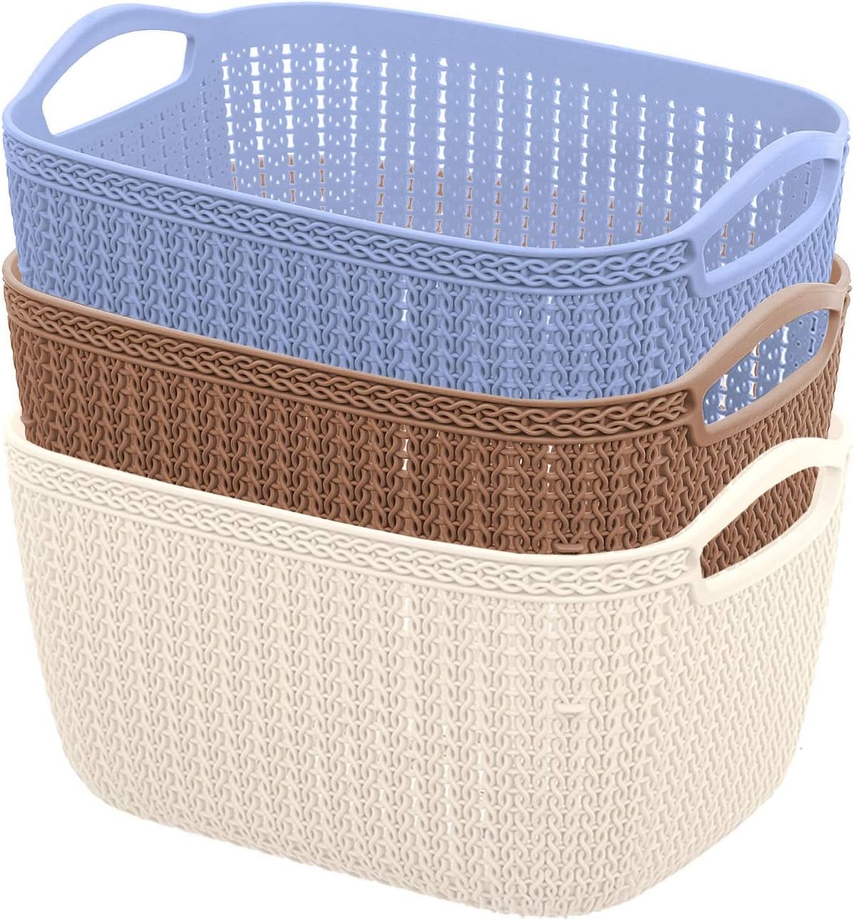Heart Home Unbreakable Plastic 3 Pieces Multipurpose Medium Size Flexible Storage Baskets/Fruit Vegetable Bathroom Stationary Home Basket with Handles CTHH018472 Brown & Cream & Grey