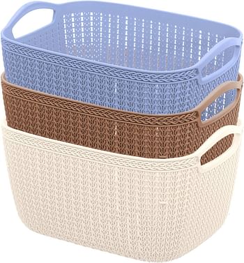 Heart Home Unbreakable Plastic 3 Pieces Multipurpose Medium Size Flexible Storage Baskets/Fruit Vegetable Bathroom Stationary Home Basket with Handles CTHH018472 Brown & Cream & Grey