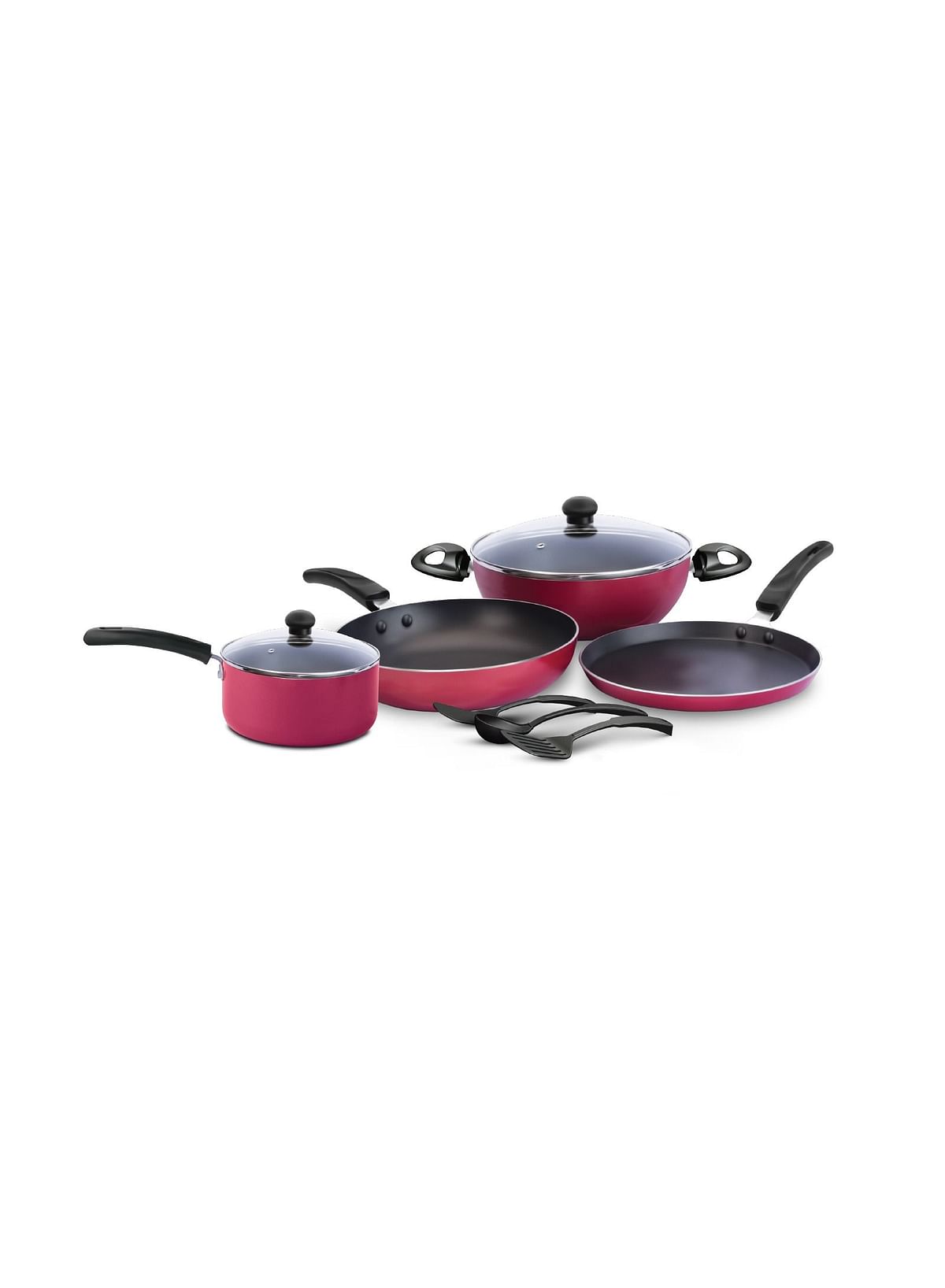 Impex Impex KUK 9 Pcs Nonstick Cookware Set (Kadai Pan, Fry Pan, Tawa Pan, Milk Pan, Glass Lid and Spatula)