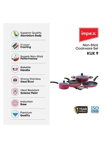 Impex Impex KUK 9 Pcs Nonstick Cookware Set (Kadai Pan, Fry Pan, Tawa Pan, Milk Pan, Glass Lid and Spatula)