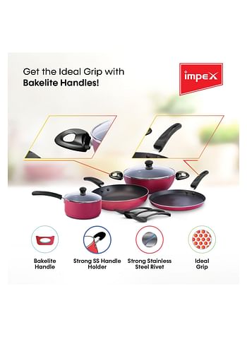 Impex Impex KUK 9 Pcs Nonstick Cookware Set (Kadai Pan, Fry Pan, Tawa Pan, Milk Pan, Glass Lid and Spatula)