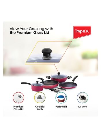 Impex Impex KUK 9 Pcs Nonstick Cookware Set (Kadai Pan, Fry Pan, Tawa Pan, Milk Pan, Glass Lid and Spatula)