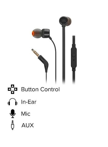 JBL Tune 110 Wired In-Ear Headphones - Deep Pure Bass - 1-Button Remote - Tangle Free Cable - Ultra Comfort Fit Black