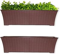 Elly Décor Set of 2 18x8 Rectangular Modern, Resistant and Self Watering Planter with Rattan-Like Finish, 18", Chocolate Brown