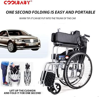 COOLBABY Lightweight Folding Aluminum Manual Wheelchair Thickened Elderly Medline Wheelchairs Adjustable Seat Cushion, with Handbrakes