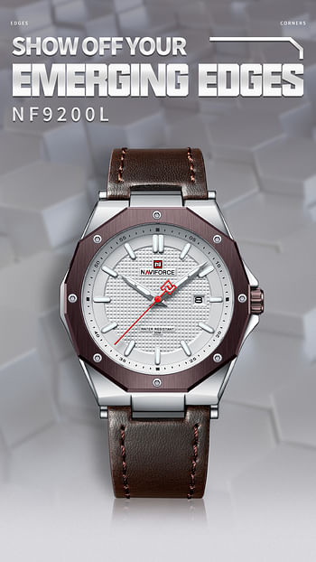 NAVIFORCE 9200 Men's Watch Fashion Casual Polygon 3ATM Waterproof Quartz Leather Clock  S/W/D.BN