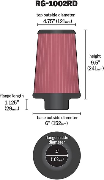 K&N Universal Clamp-On Air Intake Filter: High Performance, Premium Washable Replacement Filter: Flange Diameter: 4 In, Filter Height: 9.5 In, Flange Length: 1.125 In, Shape: Round Tapered, RG-1002RD