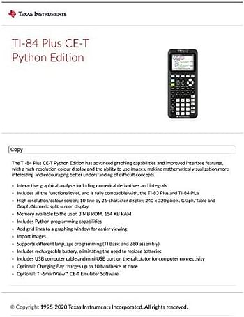 Texas Instruments TI-84 Plus CE-T Python Edition Graphing Calculator - Black