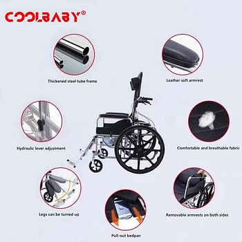 Coolbaby Wheelchair Portable Folding Wheelchair Multifunctional Hydraulic Adjustable Full Lying Push-Pull Folding Toilet Chair Adjustable Backrest and Legs Suitable for Disabled Elderly (With Potty)…