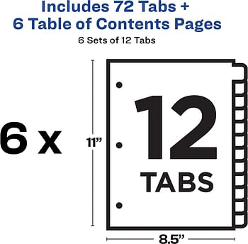 Avery Ready Index 12-Tab Binder Dividers, Customizable Table Of Contents, Multicolor Tabs, 6 Sets (11196)