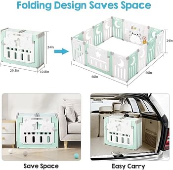 COOLBABY Baby Playpen,Child Safety Fence,Upgrade Foldable Kids Safety Play Yard Home Outdoor Baby Fence Play Pen NO Gaps with Gate for Baby Boys Girls Toddlers,14 Panel,Light Green + White