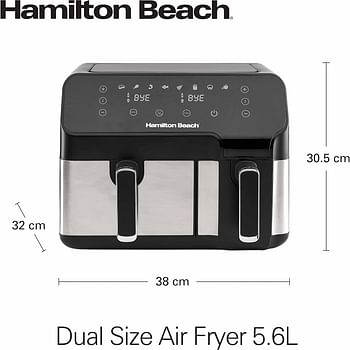 هاملتون بيتش مقلاة هوائية رقمية مزدوجة الحجم 8.5 لتر، سلال سعة 5.3 لتر و3.2 لتر يتم التحكم فيها بشكل مستقل + وظيفة المزامنة النهائية، اوضاع طهي 8 في 1، 1700 واط، AF5232-ME