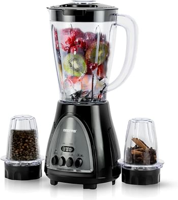 Geepas 3 in 1 Blender, Powerful Motor 400W, GSB44034 Stainless Steel Cutting Blades Six Speed with Pulse Function 1.5L Jar Juice Extractor for Whole Fruits Vegetables, Ice Crusher, Black