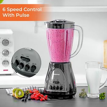Geepas 3 in 1 Blender, Powerful Motor 400W, GSB44034 Stainless Steel Cutting Blades Six Speed with Pulse Function 1.5L Jar Juice Extractor for Whole Fruits Vegetables, Ice Crusher, Black
