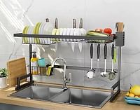 SKY-TOUCH Over The Sink Dish Drying Rack,Stainless Steel Dish Drainer,Suitable for 75cm Sink length,with Drip Tray & Cutlery Basket,Large Capacity for Kitchen Countertop Saving Space,with hooks,Black