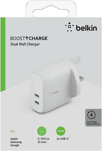 Belkin 40W USB Type C PD Wall Charger (Dual USB-C Ports for 20W Per Port Fast Power Delivery Enabled Charging for iPhone 13, 12, 12 Pro, 12 Pro Max, Mini, iPad Pro, Galaxy, and More)/40W (Dual USB-C)/White