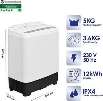 Super General 5 kg Twin-tub Semi-Automatic Washing Machine efficient Top-Load Washer with Lint Filter  -White