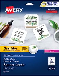 Avery Clean Edge Printable Square Cards with Sure Feed Technology, Rounded Corners, 2.5" x 2.5", White, 180 Blank Cards for Laser Printers (35703)