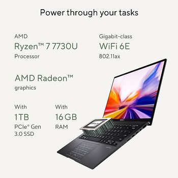 ASUS Zenbook 14 OLED UM3402YA-OLEDR7W (Jade Black) Slim Laptop, R7 7730U 16GB 1TB PCIE G3 SSD, AMD Radeon, WIN11 HOME, 14-inch, HD Webcam, Fingerprint, Backlit-Eng-Arb-KB