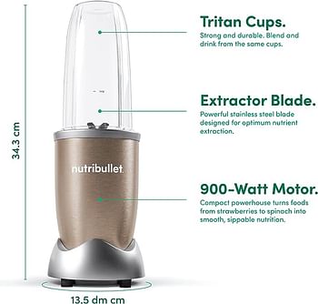 Nutribullet 900 Watts, 7pc Accessories, Multi-Function High Speed Blender, Mixer System With Nutrient Extractor, Smoothie Maker, Copper Gold, NB9-1012,