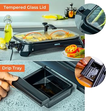 Geepas Gbg63040 1600W Electric Barbeque Grill Adjustable Thermostat Non Stick Smokeless Grill Indoor With Glass Lid Overheat Protection & On Indicator Light, Black